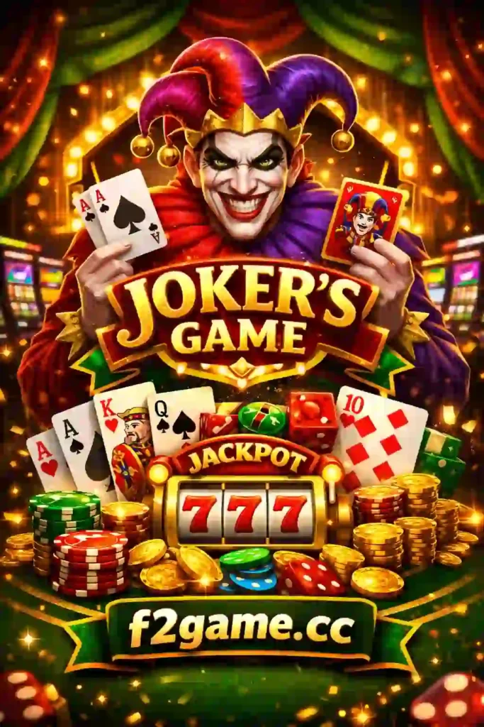 A vibrant casino-themed digital poster featuring a sinister joker in a red and purple jester costume holding playing cards, surrounded by poker chips, dice, gold coins, and a slot machine showing 777 jackpot. The text “JOKER GAME” appears prominently in the center, with the website branding “f2game.cc” displayed at the bottom.